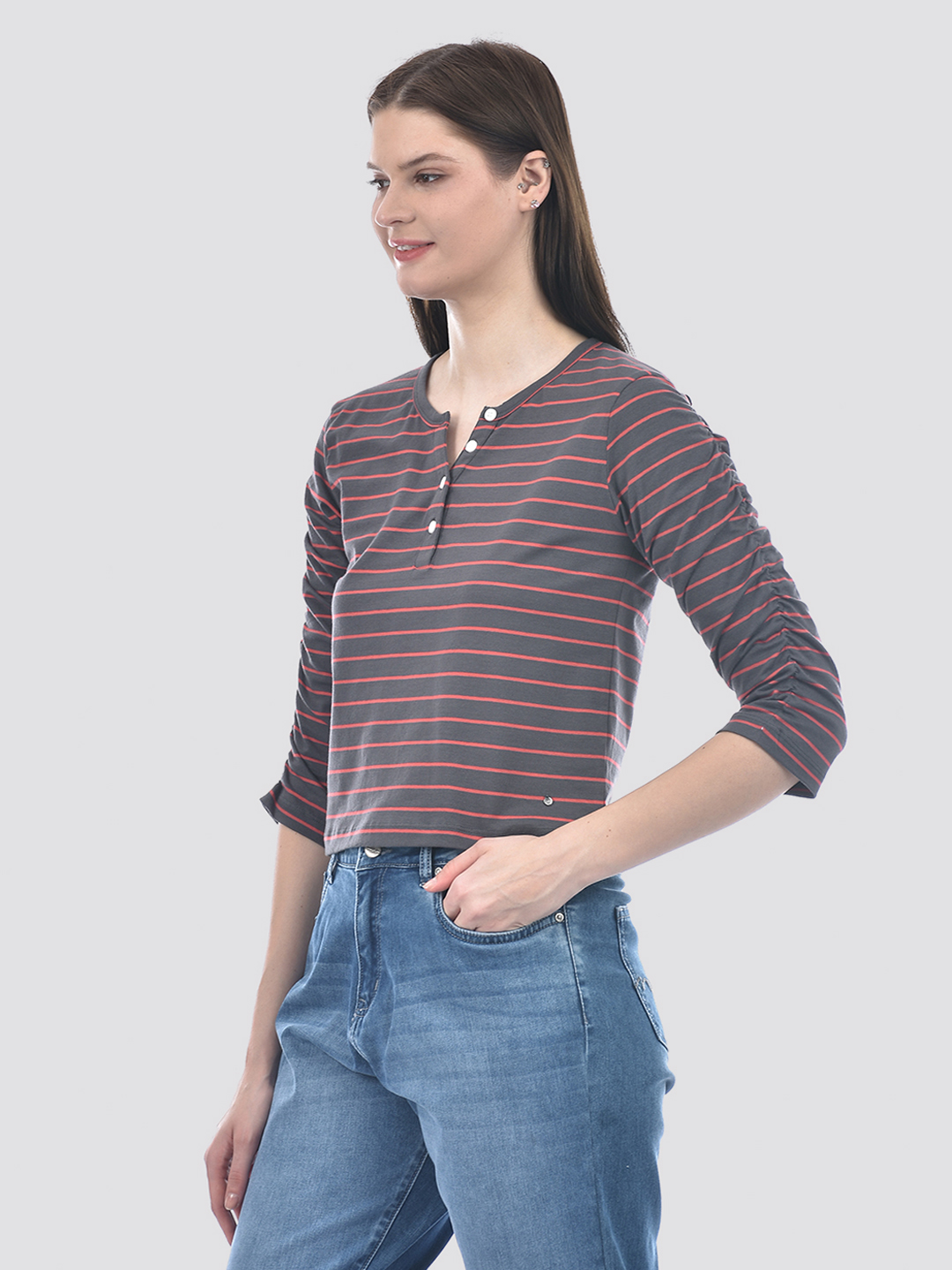 Numero Uno Women Charcoal & Coral Striped Henley Neck T-Shirt